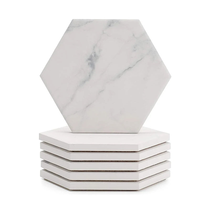 Non slip Sublimation Hexagon Color Custom Tile Craft Drink Coffee Cup Blank Stone Marble Style Absorbent Ceramic coaster Set