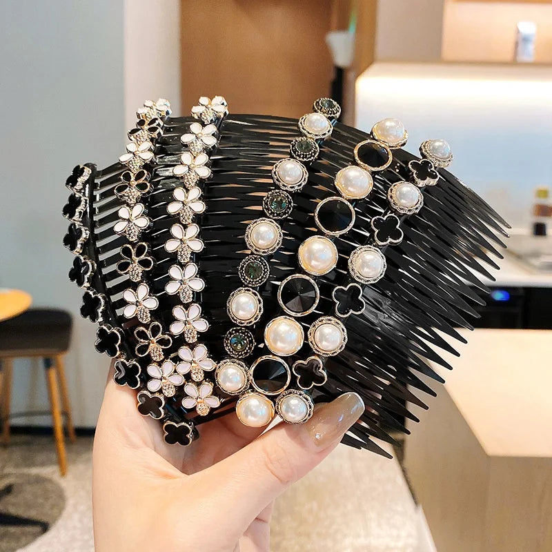 Large 11cm Magic Banana Hair Clip Comb Flower Rhinestone Pearl Plastic Crystal Hair Fork