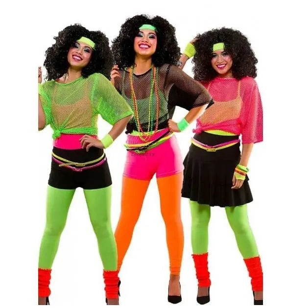Drop Ship  Custom Made Ladies 80s 1980s NEON FANCY DRESS Dance Hen Party Costume Leotard Cycling Shorts