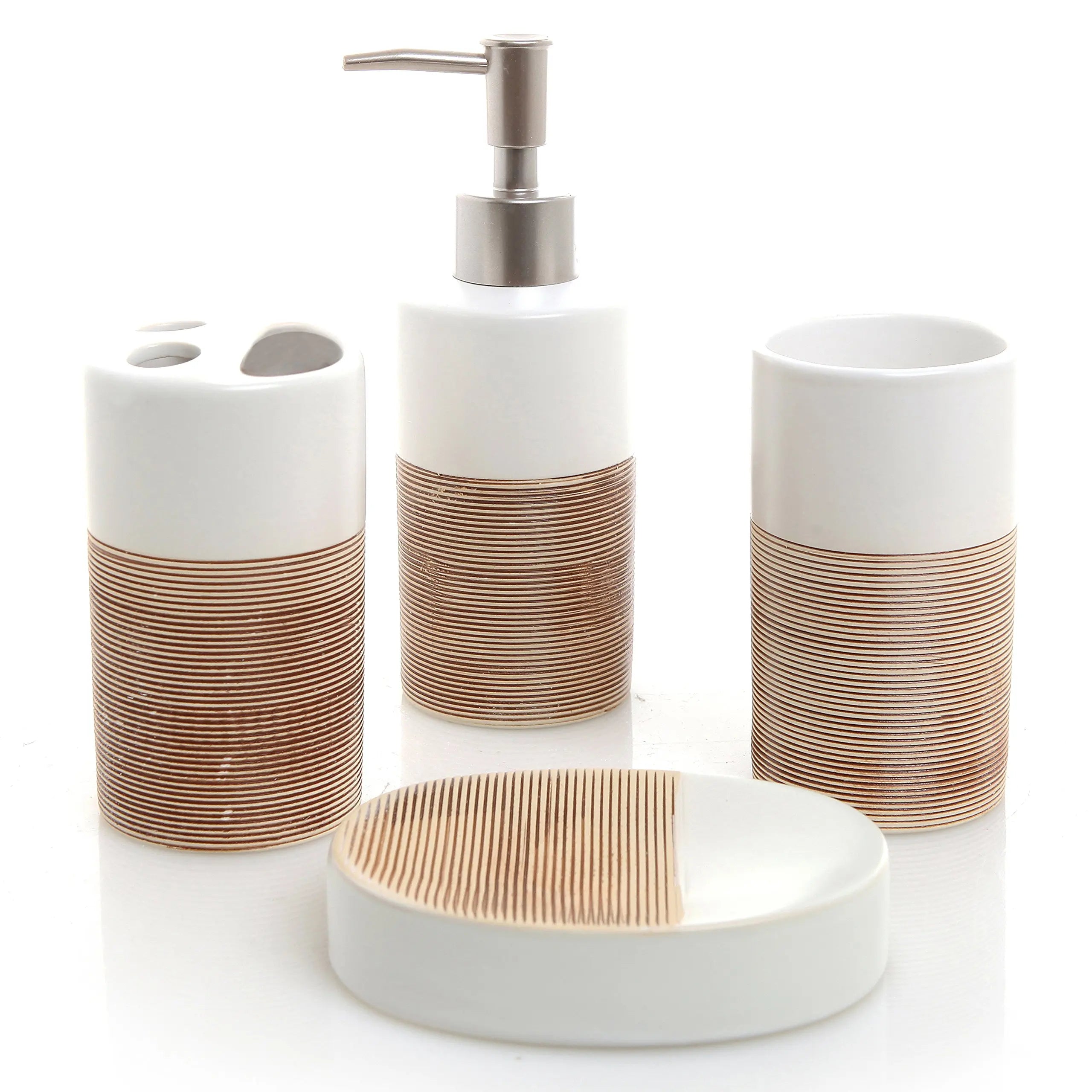 4 Piece White & Beige Ceramic Bathroom Set Soap Dispenser Toothbrush Holder Tumbler & Soap Dish