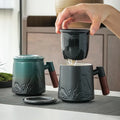 Country Design Ceramic Tea Cup for Men/Women Office Tea Ceremony Filtered with Leak Mark Microwave Safe Wooden Handle Coffee Mug