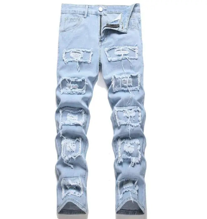 Men Hip Hop Streetwear Skinny Ripped Damage Trousers Scratch Distressed Denim Mens Designer Jean Pant