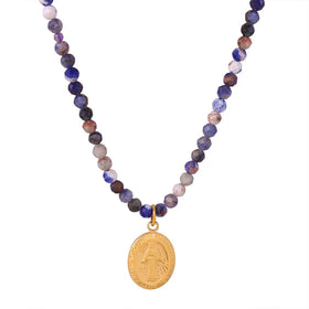Stainless Steel Natural Stone Beaded Handmade Clavicle Chain Gold PVD Plating Oval Embossed Portrait Pendant Necklace for Women