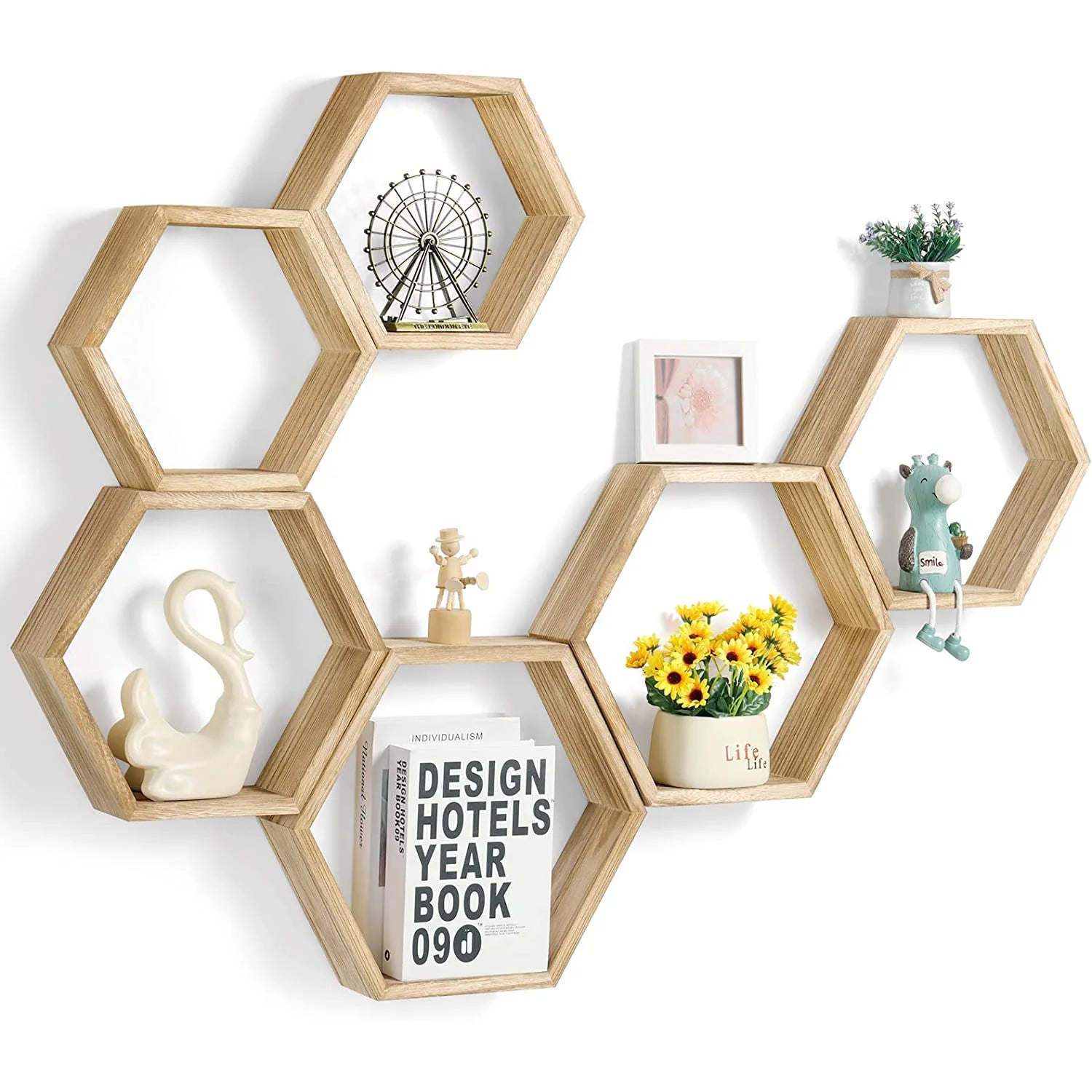 Wall Mount Hexagon Floating Shelves Honeycomb Decor Wooden Plant Pots Holder Stainless Steel for Kitchen Bathroom Living Room
