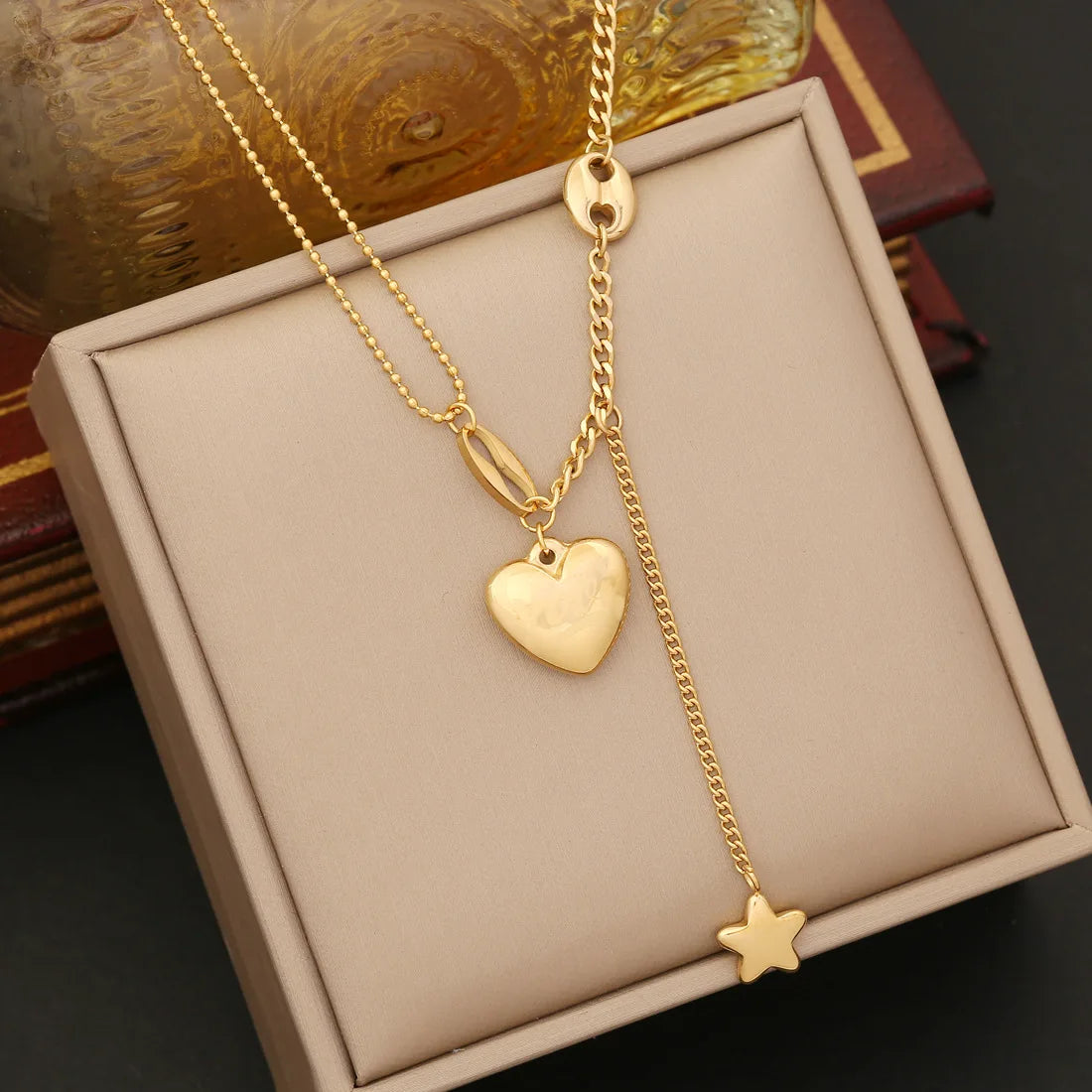 Women 18K Gold Long Star Heart Shape Tassel Pendant Necklace Stainless Steel Jewelry Collier Pendentif Coeur