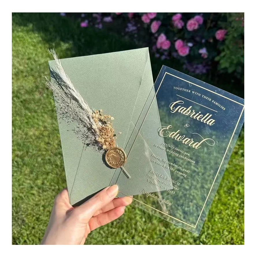 Party Quinceanera Supplier Green Floral Luxury Acrylic Wedding Invitations Card Envelope With Wax Seal and Dried Flowers