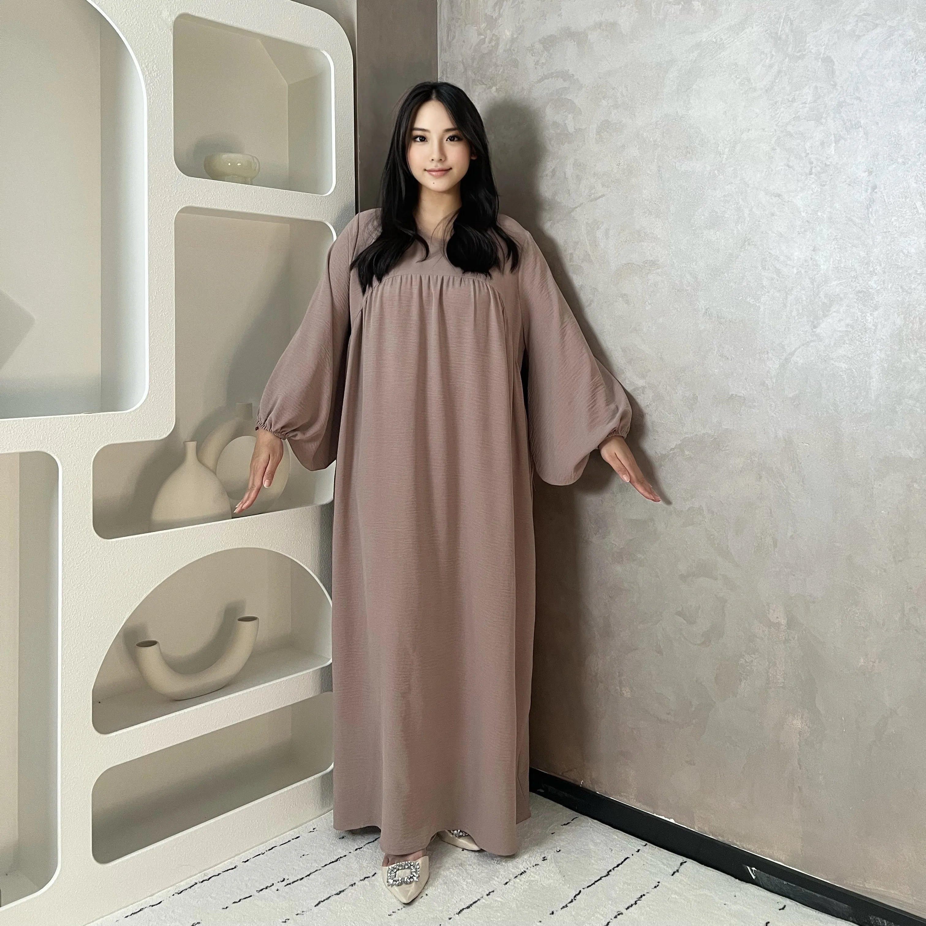 LM021 Balloon Sleeve Crepe Slip Abaya Dress Inner Bubble Sleeves Muslim Women Islamic Clothing Umrah Prayer Dress Modest
