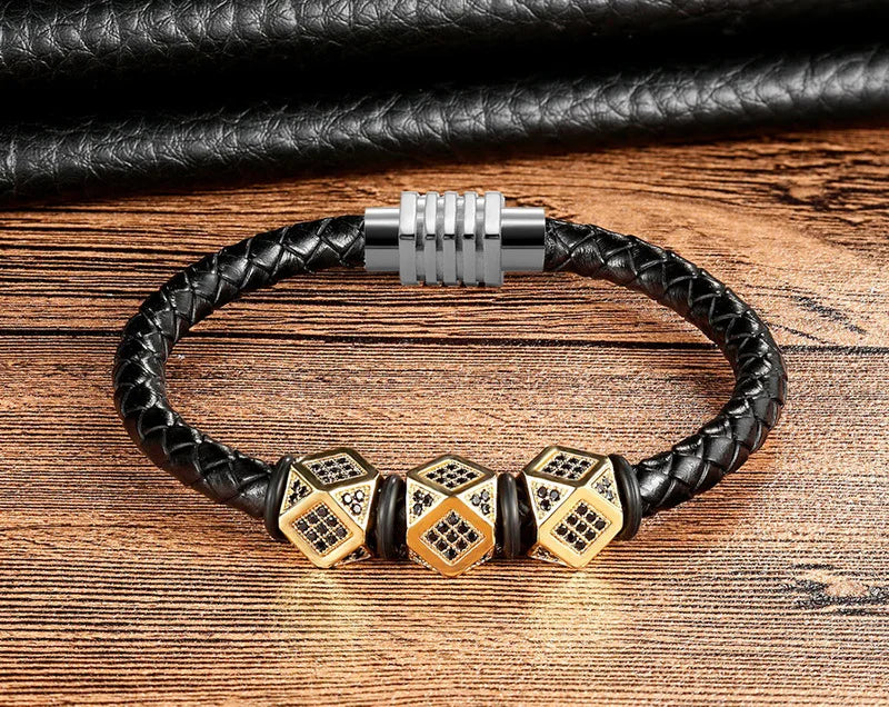 High Quality 6mm Genuine Leather Bracelet 316L Stainless Steel Magnet Clasp Cubic Zirconia Charm Wrap Bracelet for Men