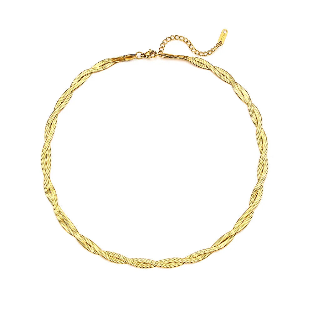 Fashion Flat Double Layer Twisted Necklace Stainless Steel Herringbone Necklace Snake Chain Necklace