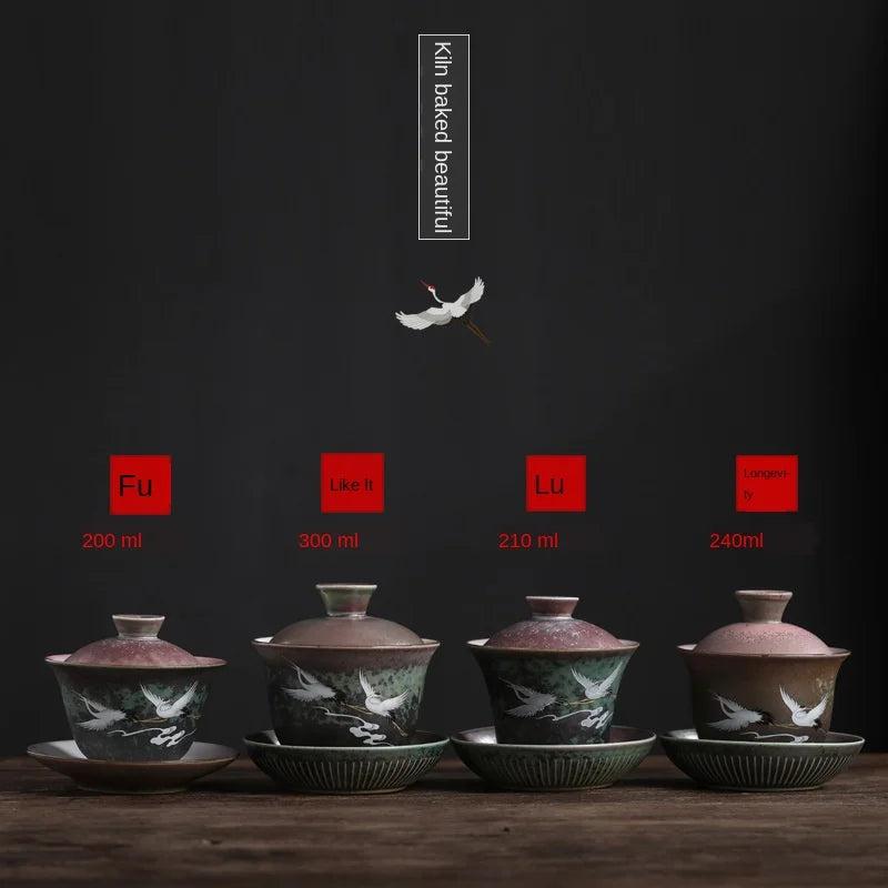 Japanese Kiln Baked Glow Gaiwan Porcelain Kung Fu Tea Set Creative Crane Home Large Tea Cup Tea Ceremony Bowl