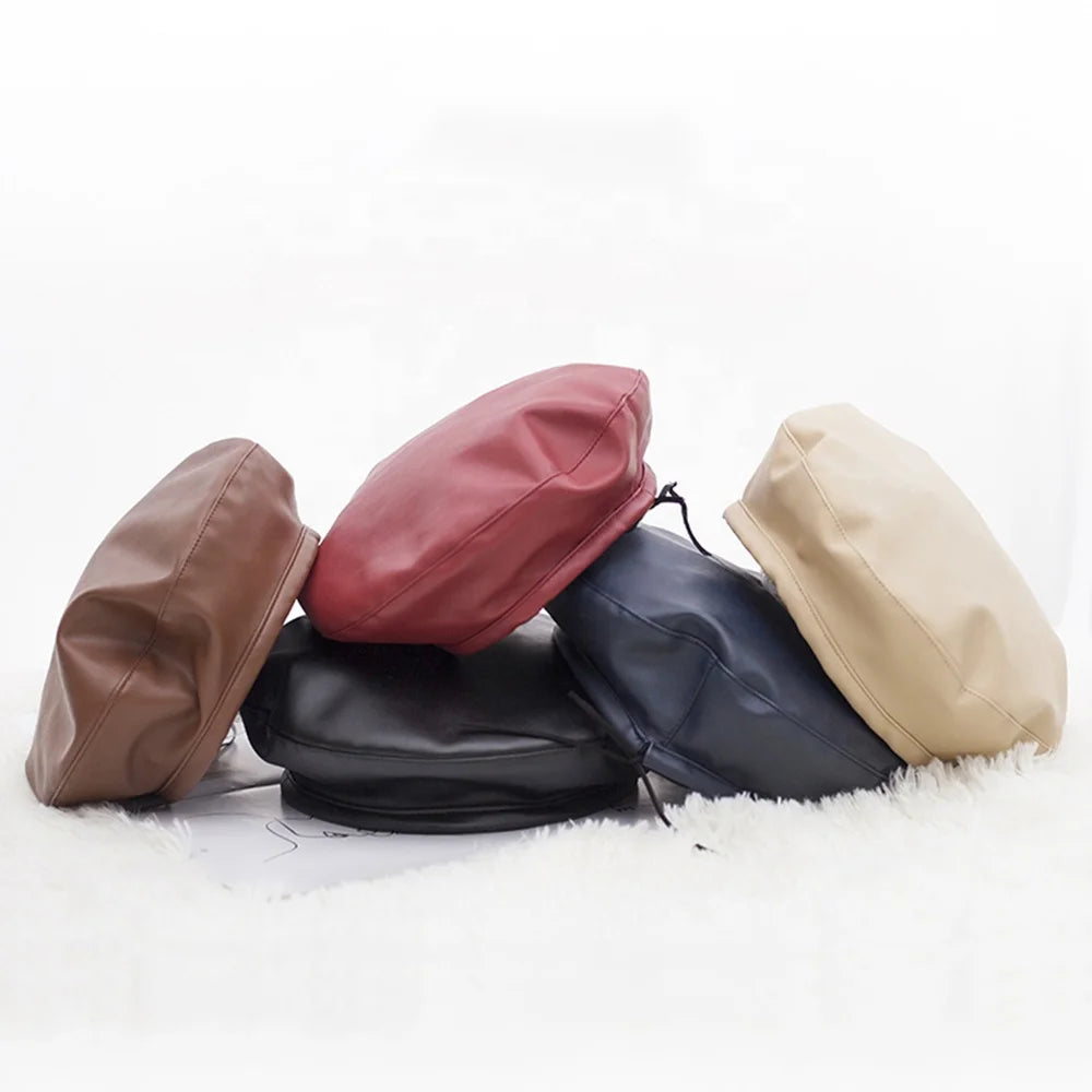 Pu Leather Beret Hats for Girls Beret Winter Flat Cap Female Boina Feminina Fashion Autumn Winter Beret Cap Bone Gorras Painter