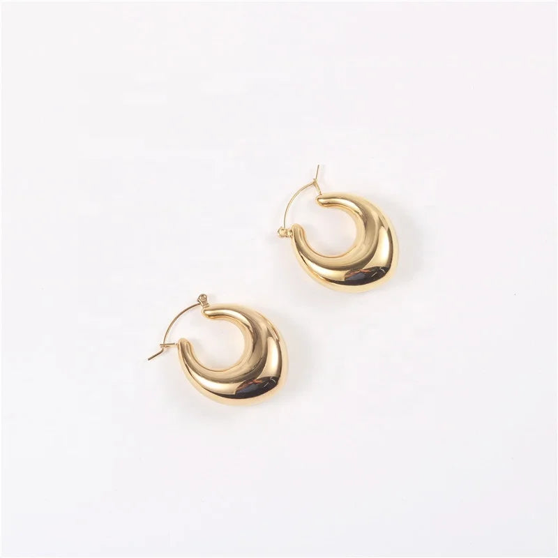 Fancy Chunky Empty Geometric Drop Shape Stainless Steel Hoop Earrings for Women