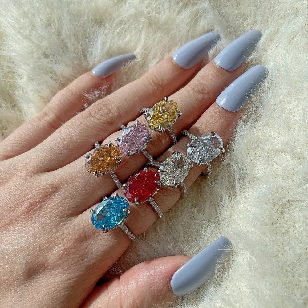 S925 Sterling Silver Ring for Women Luxury 8A Oval Color Ice Cut Zircon Ring Wholesale