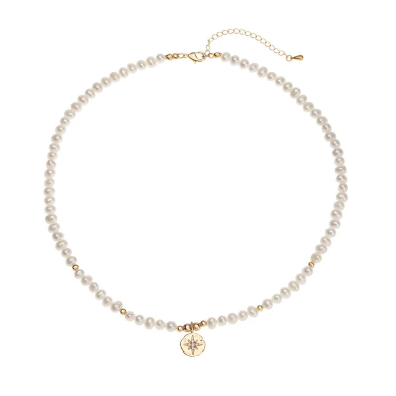 Simplicity Tiny Pearl Necklace Pendant Necklace Pearl Anti Tarnish Necklace Freshwater Pearl Eight Point Star 18K GOLD CLASSIC