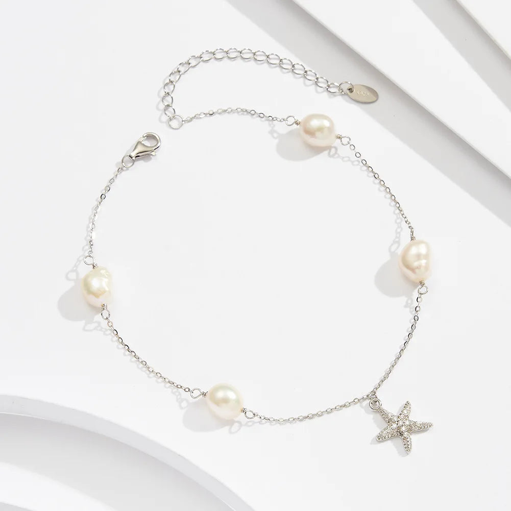 Women's Star Sterling Silver Pearl Anklet S925 Beaded Beach Foot Accessory Stylish Anklet for Beach Wear