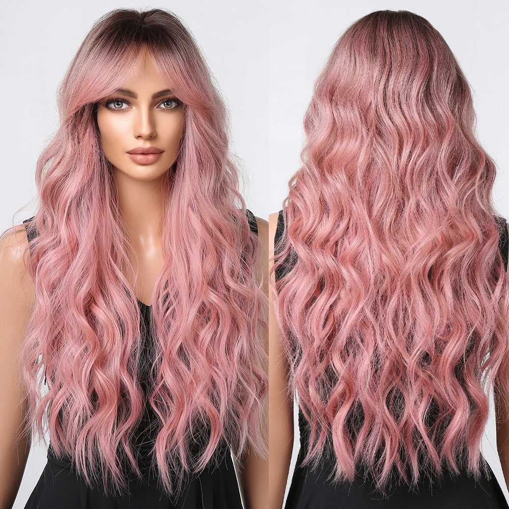 Wigs Wholesale Long Curly Gray Pink Synthetic Wigs with Bangs for Women Afro Black Ash Pink Wavy Wig Natural Heat Resistant Hair