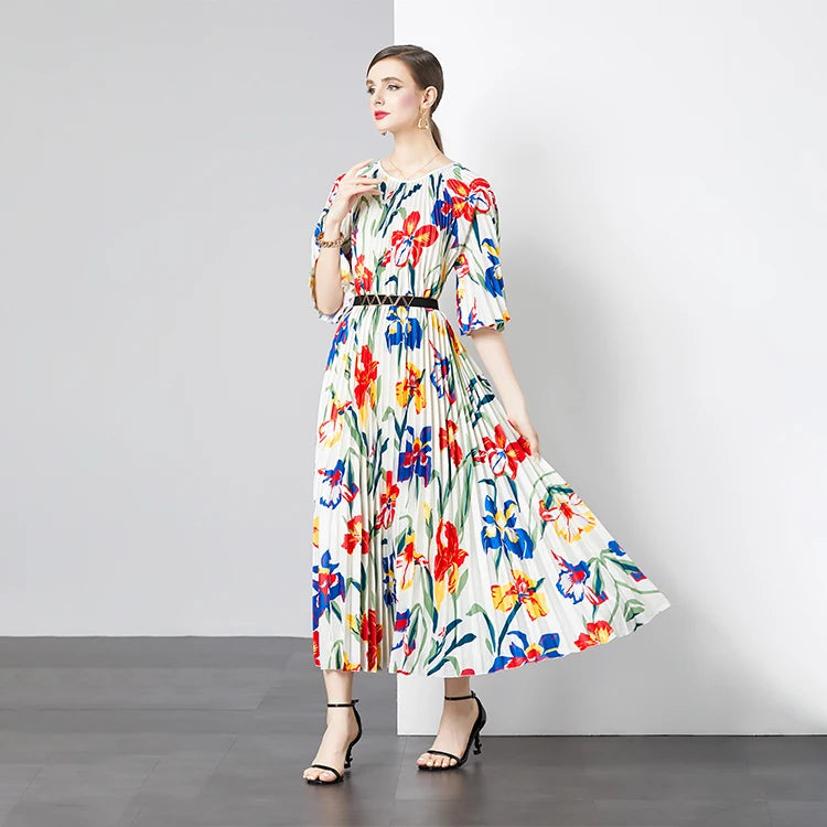Women's Crew Neck Knee-Length Bohemian Floral Print Ruched Chiffon Dress High Quality Autumn Fashion Pleated Big Hem Runway