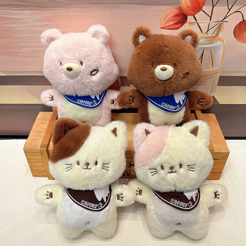 Cartoon Kawaii Mini Animal Toy Pendant Backpack Bag Charm Cute Stuffed Coffee Cat Plush Doll Keychain Coffee Bear Key Chains