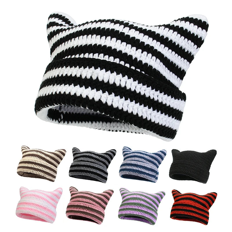 New Japanese Beanie Hat Ins Little Devil Striped Knitted Wool Cap Autumn and Winter Cute Cat Ears Pointed Pullover Women's Hats