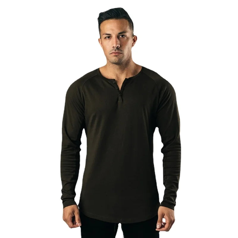 Custom Logo Autumn Running Sports T Shirt Gym Fitness Bodybuilding Mens Cotton Shirt Silm Fit Long Sleeve Buttons V Neck Tops