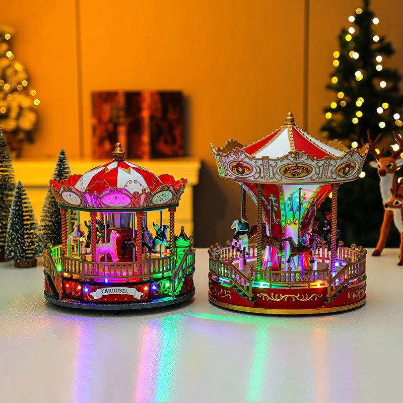 JIUYI Rotating LED Hores Christmas Carousel Decoration Music-Enabled Holiday Ornament for Christmas Village and Bobsleigh Scene
