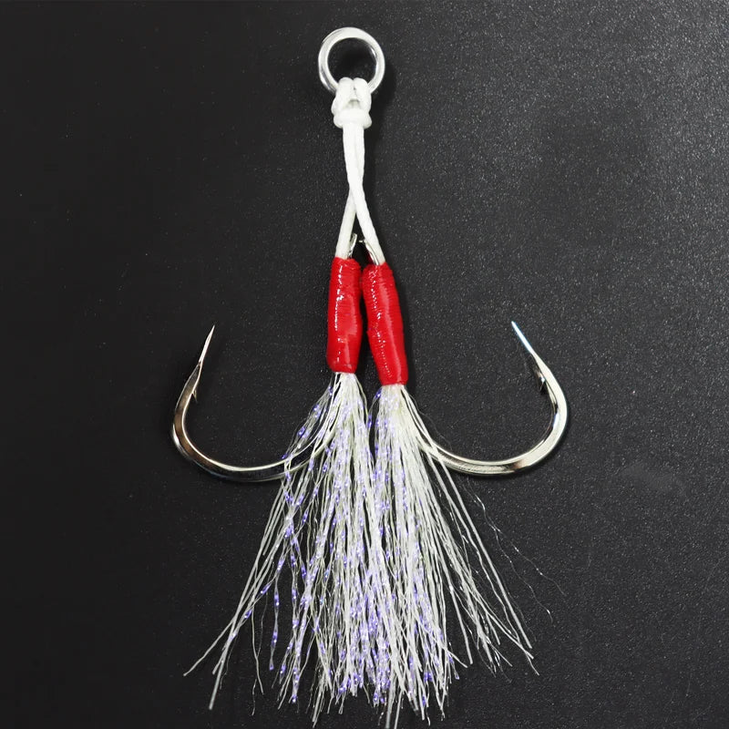 High Carbon Steel Assist Jig Hook Iron Plate Double Hook with Bright Silk Fishing Swing for Sea Boat Fishing MegaBDM
