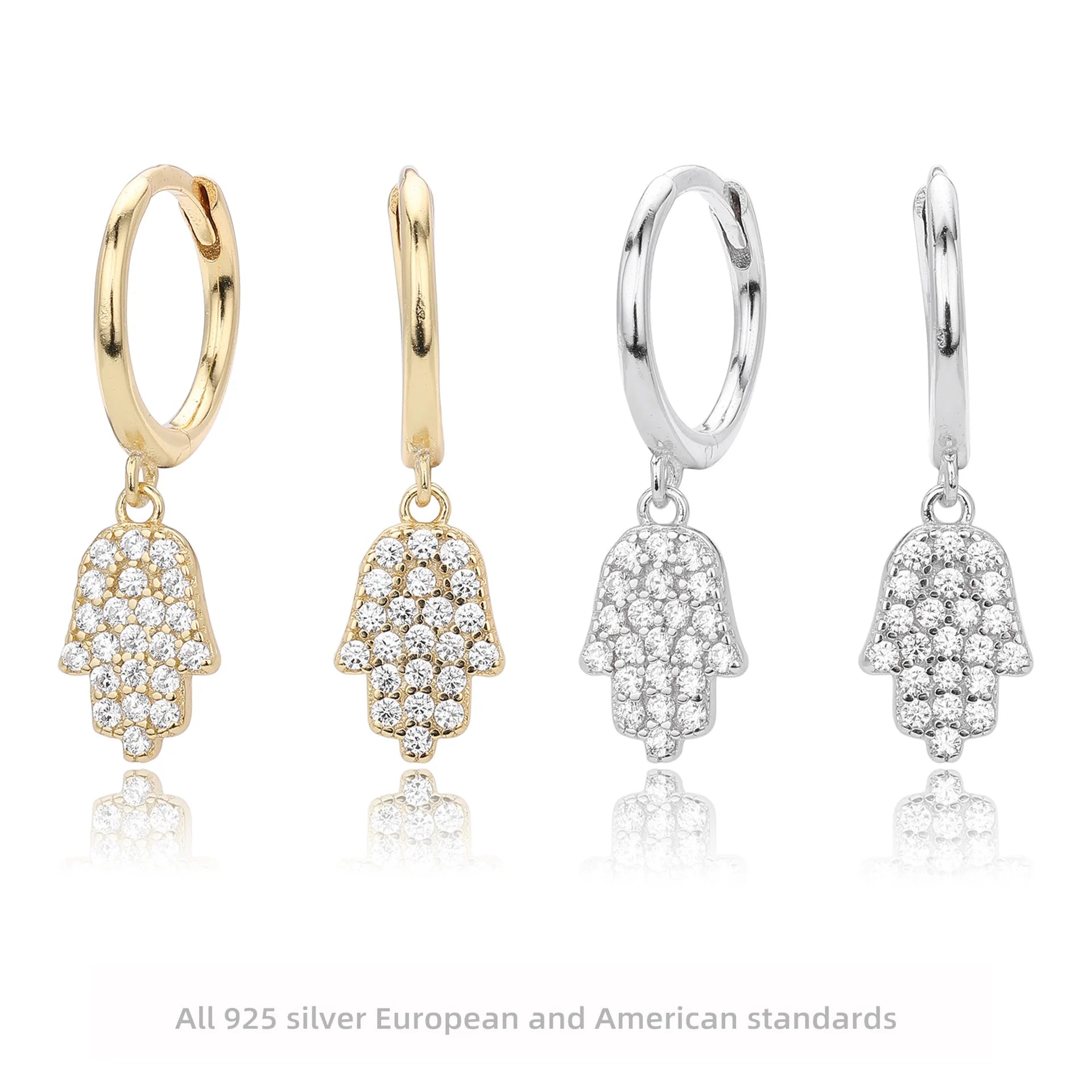 Gold Plated Full Cubic Zirconia Palm Drop Trendy Jewelry 925 Sterling Silver Hoop Earrings Women