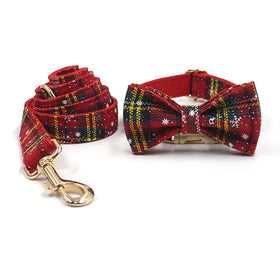 Pet Supplies Engraved Metal Buckle Quick Release Dog Bow Tie Collar Adjustable Christmas Plaid Dog Collar and Leash Set