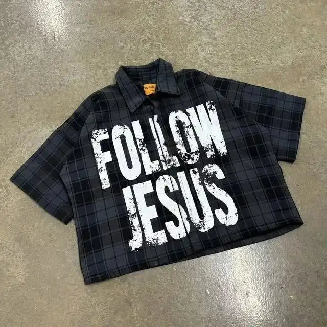 Custom Oversized Boxy Cropped Vintage Crack Printed Button-Up Mandarin Collar Smart Casual Flannel Shirt for Spring Breathable