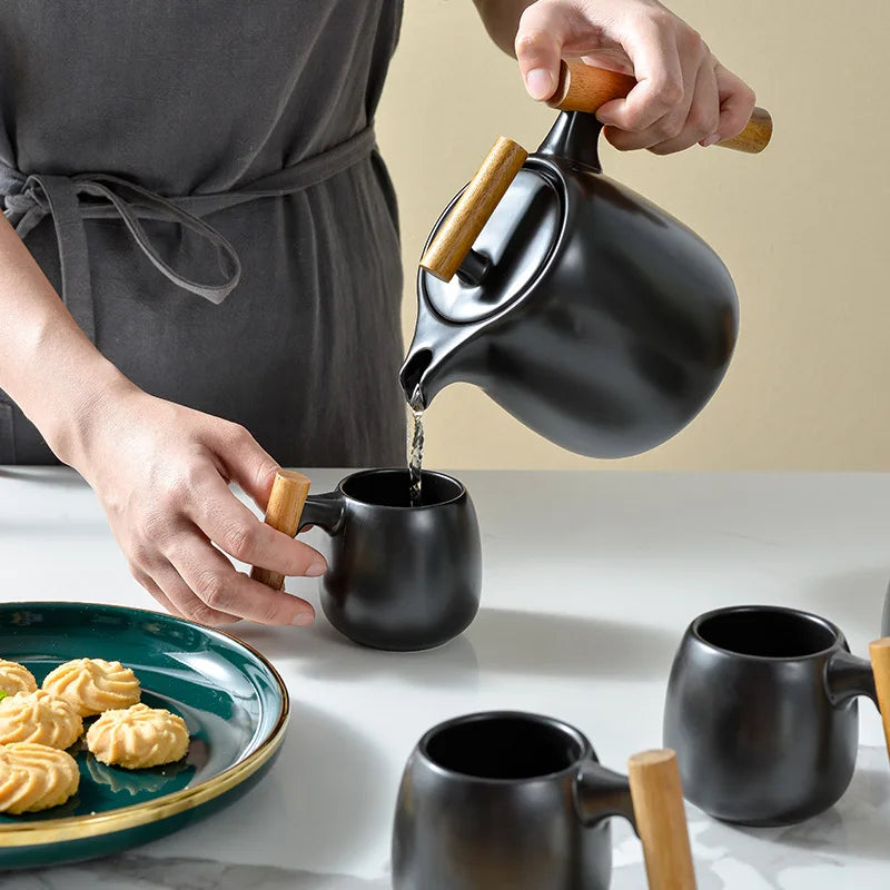 Nordic Designer Wood Handle Luxury Coffee Tea Cup Set Porcelain Cups Pots Stainless Steel Strainer Eco-Friendly 800ml Capacity