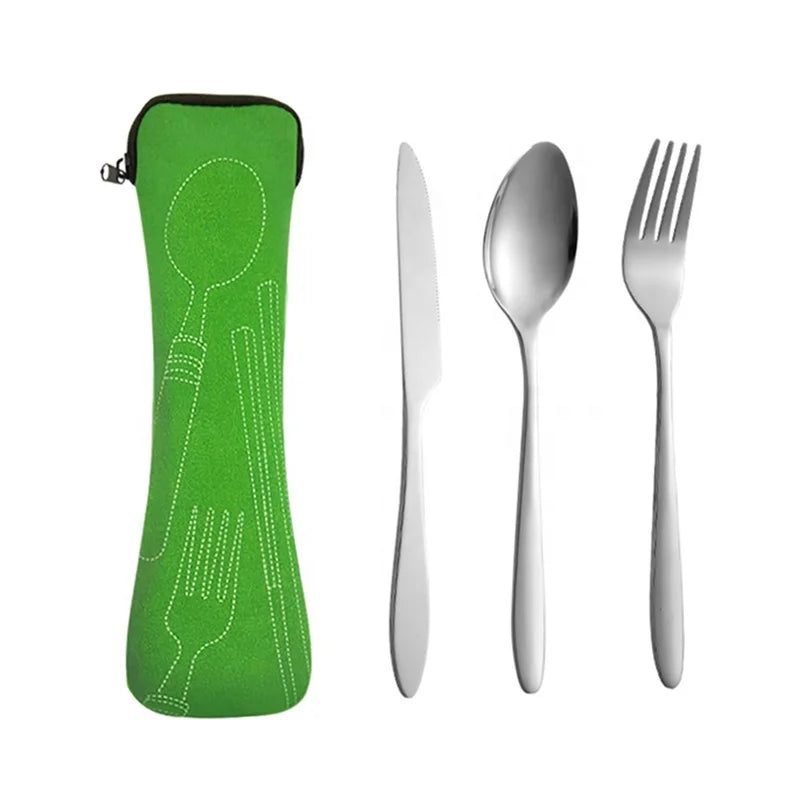 Portable Stainless Steel Tableware 3-Piece Set W/ Tarpaulin Pouch - Travel Camping Restaurant & School Cutlery