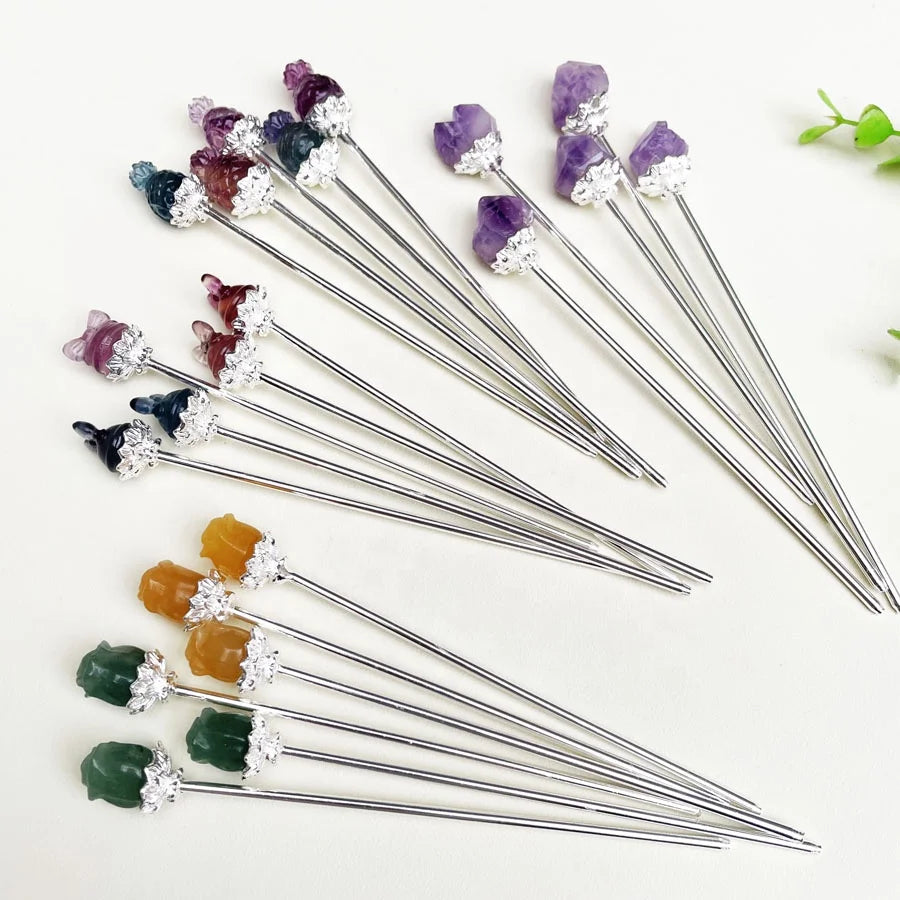 Wholesale Natural Rose Amethyst Flower Hairpin Rainbow Carved Fluorite Quartz Flower Hairpin for Gift