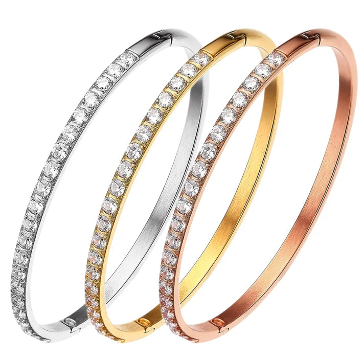 Wholesale Custom Stainless Steel 18K Gold Plated Zircon Opening Bangles Bracelet for Ladies