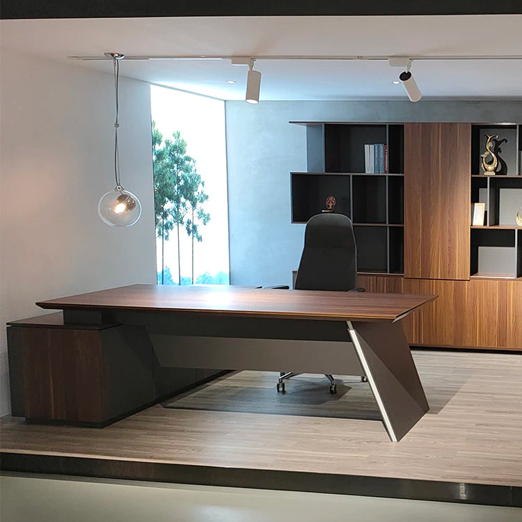 Wooden L Shaped Convertible Executive Office Desk with Metal Base Modern Design for Commercial Use