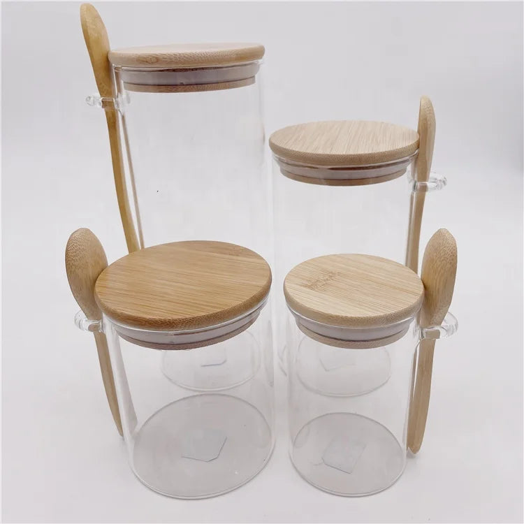 Eco-friendly Glass Jar With Spoon Glass Food Storage Bottles With Bamboo Lid
