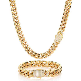 Men's Stainless Steel Cuban Link Necklace Gold Plated Hip Hop Style Miami Zircon Diamond Spring Buckle Fashionable Jewelry Gift