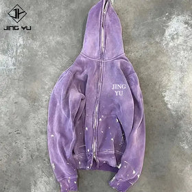 Manufacturer Custom High Weight Cropped Boxy Hoodie Cotton Blank Distressed Vintage Zip up Stone Acid Sun Fade Wash Hoodie