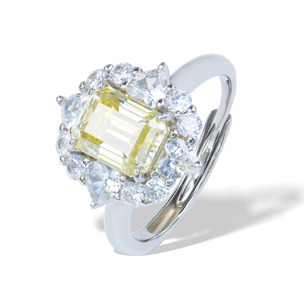 Wholesale 925 Sterling Silver Fine Jewelry Lemon Yellow Emerald Cut Moissanite Diamond Adjustable Size Engagement Ring for Lady