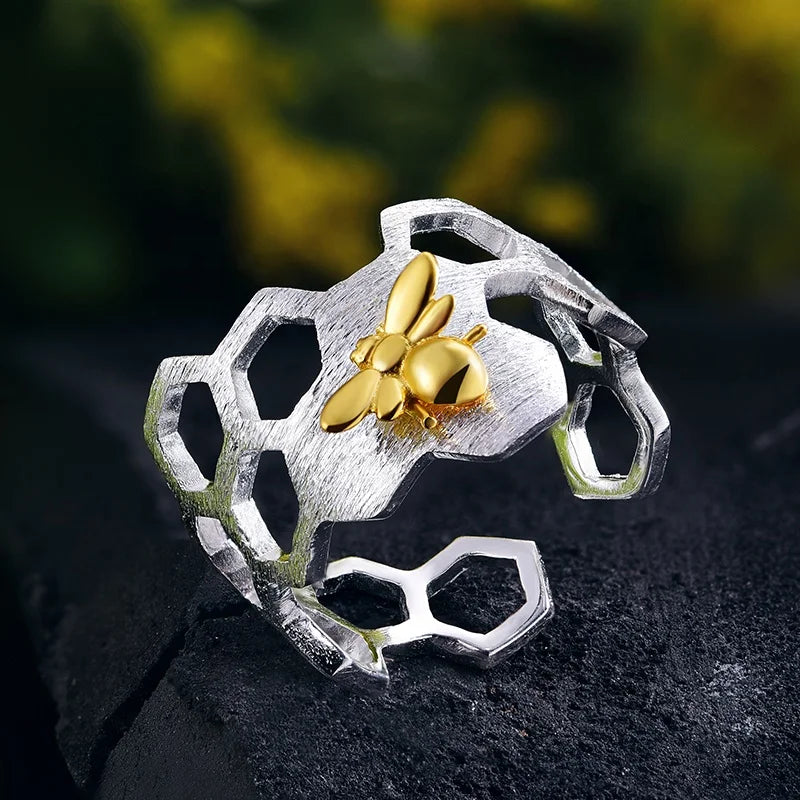 Lotus Fun Wholesale Bee Ring Jewelry Silver Ring Handmade Animal Adjustable Sterling Silver Ring Fine Jewelry for Women