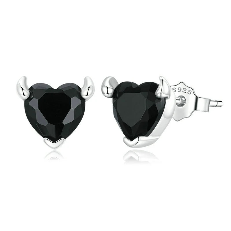 Somen 925 Sterling Silver Demon Heart Stud Earrings Black Zircon Simple Earrings