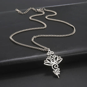 Yoga Lotus Flower Pendants Necklace Stainless Steel Unalome Symbol Charm Necklaces for Women Buddhism Amulet Jewelry Wholesale