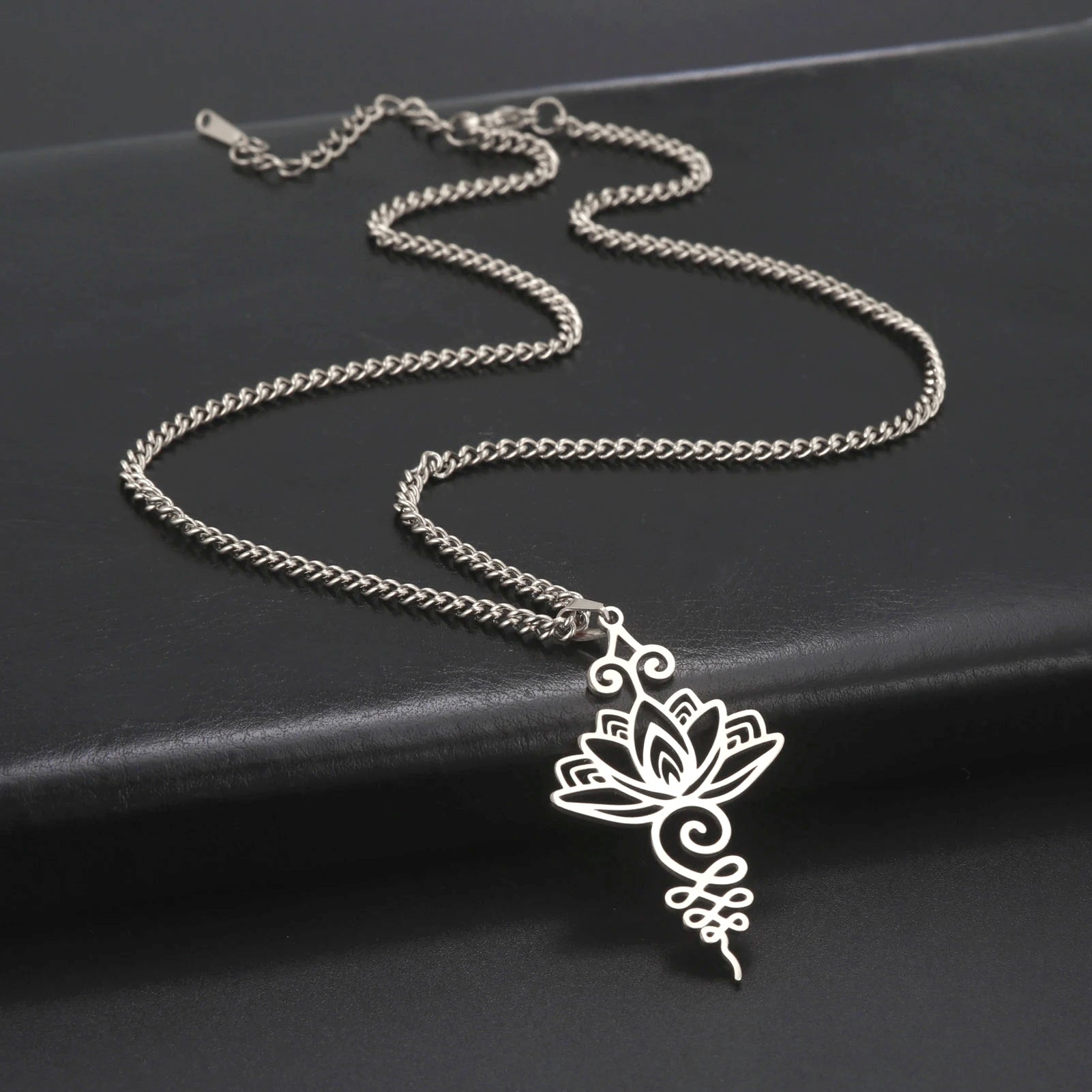 Yoga Lotus Flower Pendants Necklace Stainless Steel Unalome Symbol Charm Necklaces for Women Buddhism Amulet Jewelry Wholesale