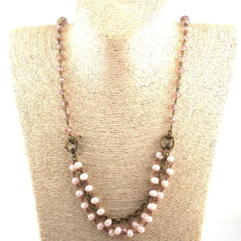 Fashion BohemianJewelry Women  5*8 Crystal Glass Rosary Chain Link Necklace Multi Layer Necklace