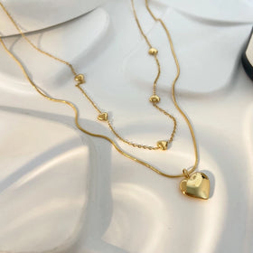 Trendy Love Double Layer Necklace 18k Gold Plated Snake Chain Heart Shaped Pendant Collar Chain Titanium Steel Necklace
