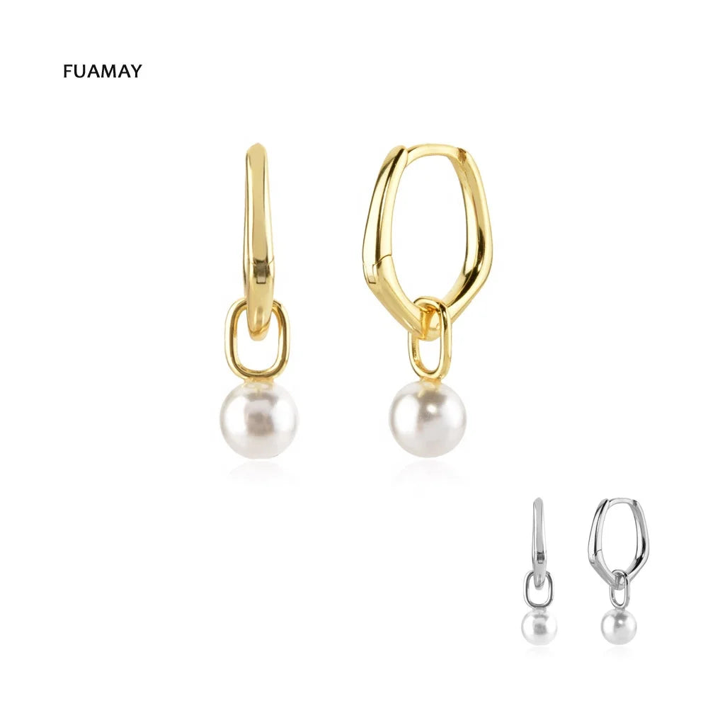 FUAMAY Guangzhou Shenzhen White Freshwater Pearl Earrings Jewelry Geometric Round Hoop Earrings