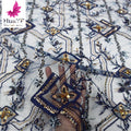 Navy Blue Handmade Beaded Embroidery Tulle Crystal Sequins Lace With Pearls for Collection Dress Pearls Fabric HY2207