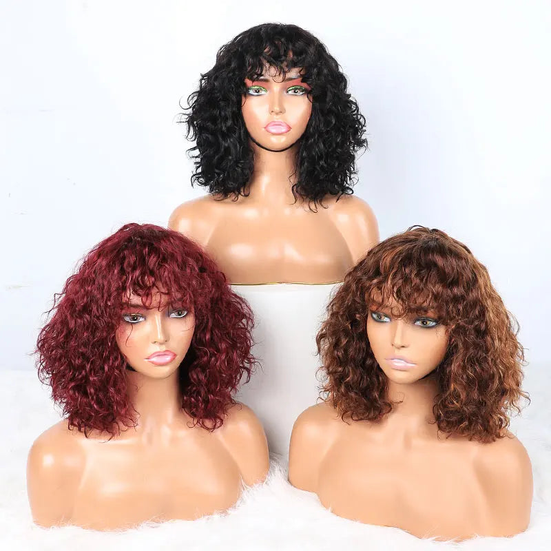Cheap Machine Made Wigs 99J Color Non Lace Short Bob with Bang Fringe Human Hair 250% Density Thickness Wig Pre Bleached Knots