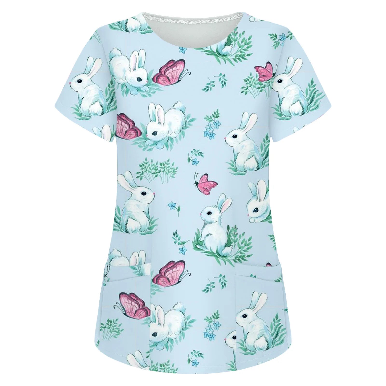 Hot Womens Easter Scrub Tops Short Sleeve V Neck Pocket Workwear Cartoon Bunny Egg Kindergarten Teachers Nursing Uniform Shirt