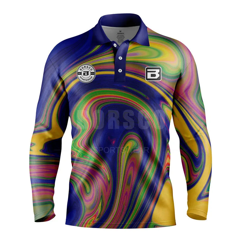 Artistic Fluid Pattern Multicolored Printed Long-Sleeved for Polo Shirt for Men Colorful Gradient Casual Sporty Trendy Outfits