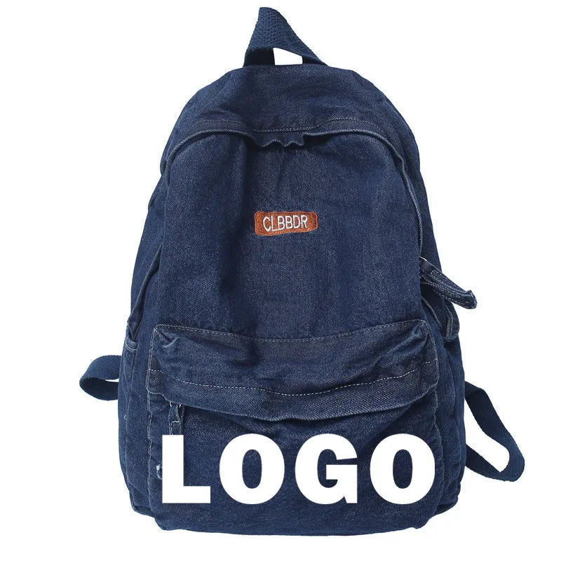Custom logo Vintage Wash Denim Canvas Backpack New Simple Student Backpack